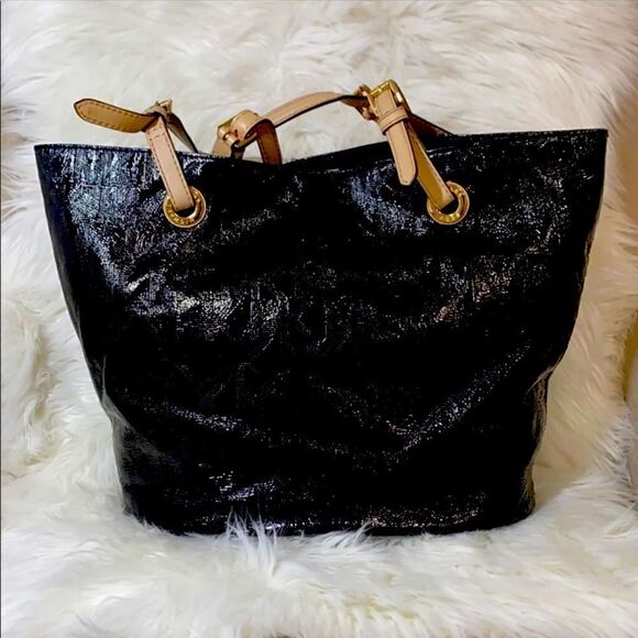 Mk michael Kors black patent leather signature jet set logo tote bag purse bag - Picture 1 of 10
